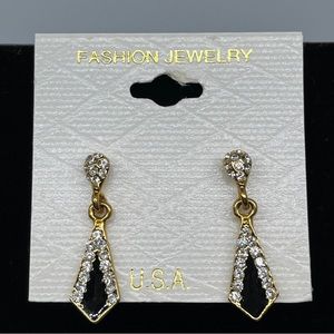Gold Tone Rhinestone And Black Enamel Pierced Dangle Earring